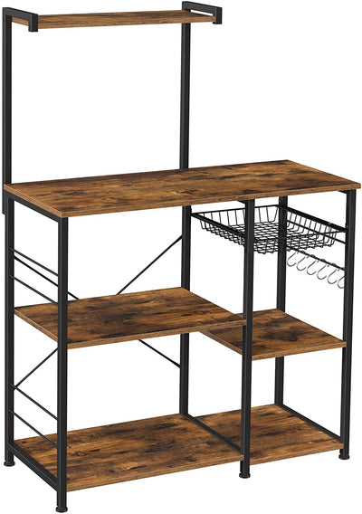 Kitchen Baker’s Rack with Shelves, Microwave Stand with Wire Basket and 6 S-Hooks, Rustic Brown