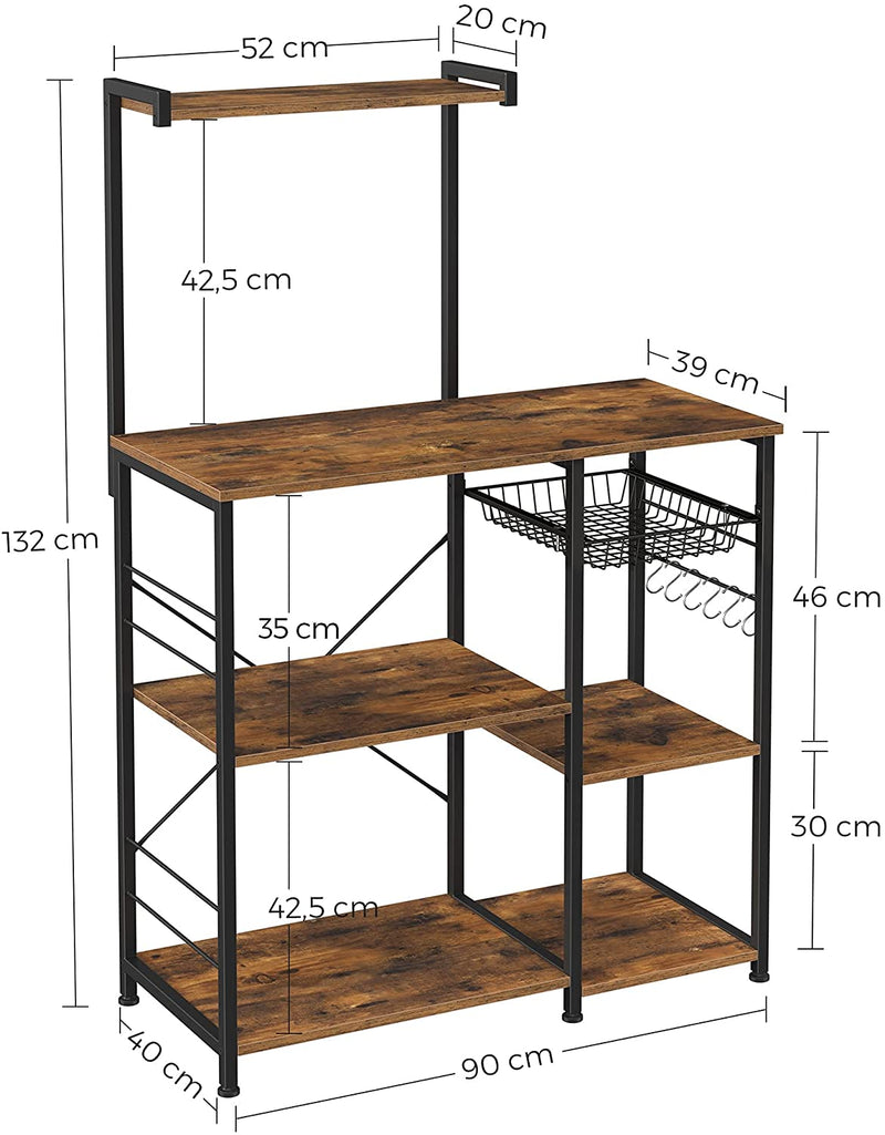 Kitchen Baker’s Rack with Shelves, Microwave Stand with Wire Basket and 6 S-Hooks, Rustic Brown Payday Deals