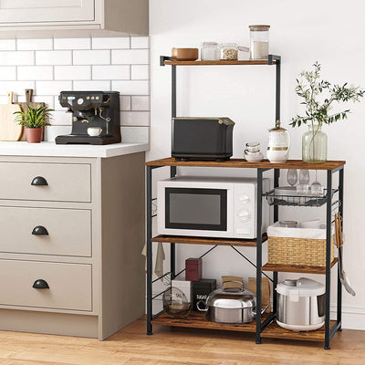 Kitchen Baker’s Rack with Shelves, Microwave Stand with Wire Basket and 6 S-Hooks, Rustic Brown Payday Deals