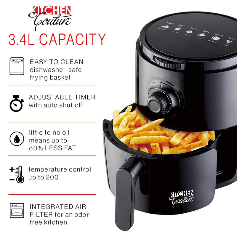 Kitchen Couture Air Fryer Healthy Food No Oil Cooking Recipe 3.4L Capacity Black 3.4 Litre Black Payday Deals