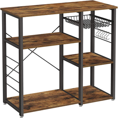 Kitchen Shelf with Steel Frame, Wire Basket and 6 Hooks,  Rustic Brown and Black