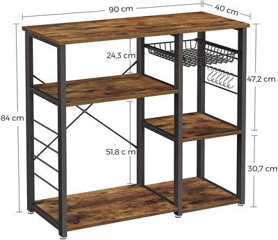 Kitchen Shelf with Steel Frame, Wire Basket and 6 Hooks,  Rustic Brown and Black Payday Deals