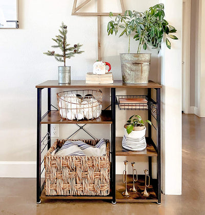 Kitchen Shelf with Steel Frame, Wire Basket and 6 Hooks,  Rustic Brown and Black Payday Deals