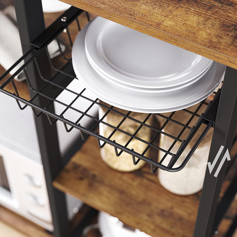 Kitchen Shelf with Steel Frame, Wire Basket and 6 Hooks,  Rustic Brown and Black Payday Deals