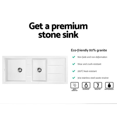 Cefito Stone Kitchen Sink 1160X500MM Granite Under/Topmount Basin Double Bowl White Payday Deals