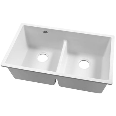 Cefito Stone Kitchen Sink 790X460MM Granite Under/Topmount Basin Double Bowl White Payday Deals