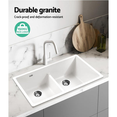Cefito Stone Kitchen Sink 790X460MM Granite Under/Topmount Basin Double Bowl White