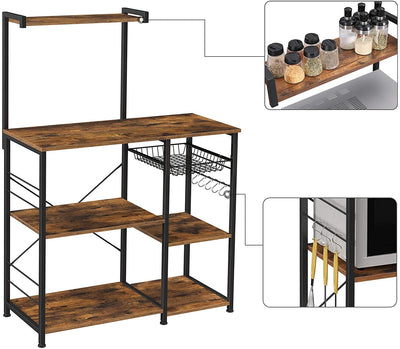 Kithcen Baker's Rack with Shelves Microwave Stand with Wire Basket and 6 S-Hooks Rustic Brown Payday Deals