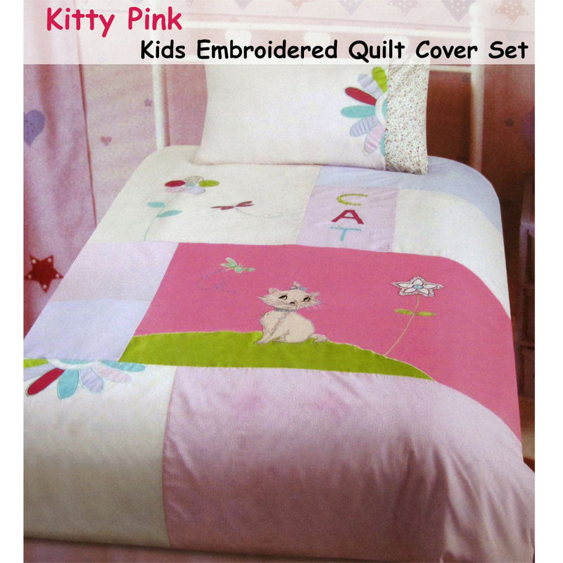 Kitty Cat Embroidered Quilt Cover Set Single Payday Deals