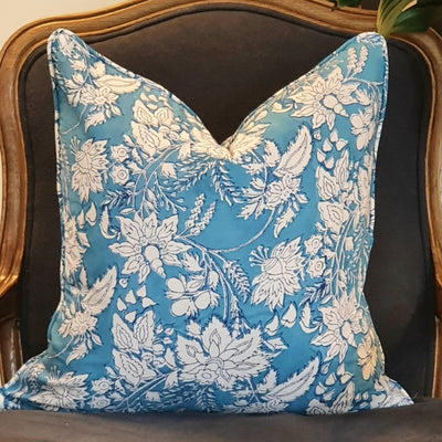 Kolka Blue Hamptons Soft Cotton Voile Decorative Block-Printed Cushion - Blue Payday Deals