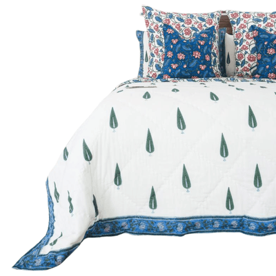 Kolka Kumudani Quilt 100% Cotton Lotus and Pines Print - Queen Size