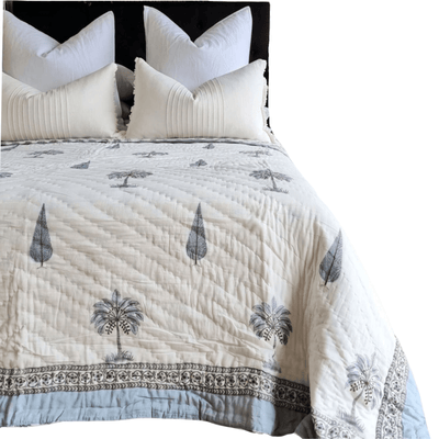 Kolka Palm & Pine Reversible Quilt 100% Cotton Blue - King Size Payday Deals