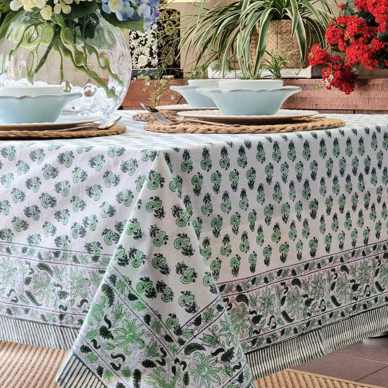 Kolka Rosemary Hand Block-Printed Cotton Tablecloth - Green Payday Deals