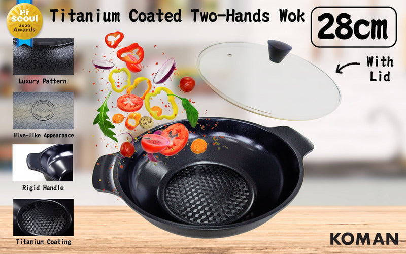 KOMAN 28cm Black Shinewon Two Hands Wok Ceramic Non-stick Titanium Coat + Glass Lid Payday Deals