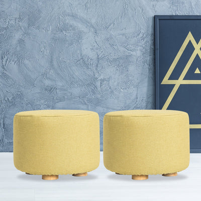 La Bella 2 Set Mustard Yellow Fabric Ottoman Round Wooden Leg Foot Stool Payday Deals