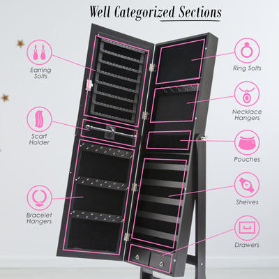 La Bella Black Mirror Jewellery Cabinet LOWE 146cm Organiser 2 Drawers Payday Deals