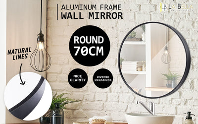 La Bella Black Wall Mirror Round Aluminum Frame Makeup Decor Bathroom Vanity 70cm Payday Deals