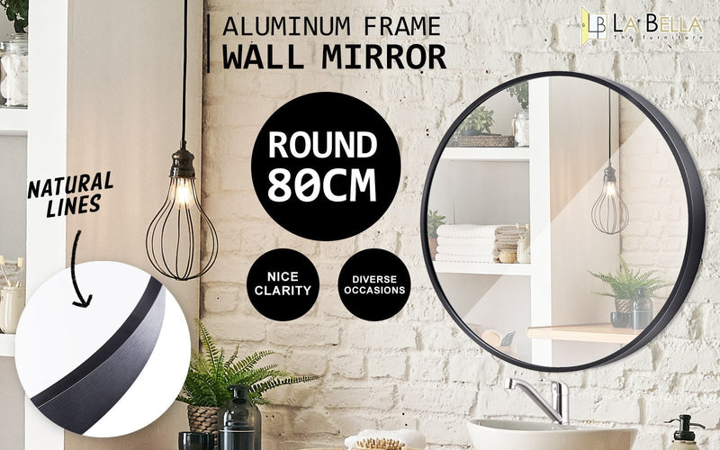 La Bella Black Wall Mirror Round Aluminum Frame Makeup Decor Bathroom Vanity 80cm Payday Deals