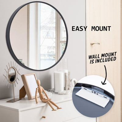 La Bella Black Wall Mirror Round Aluminum Frame Makeup Decor Bathroom Vanity 80cm Payday Deals