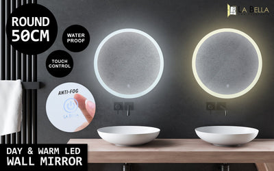 La Bella LED Wall Mirror Round Touch Anti-Fog Makeup Decor Bathroom Vanity 50cm Payday Deals