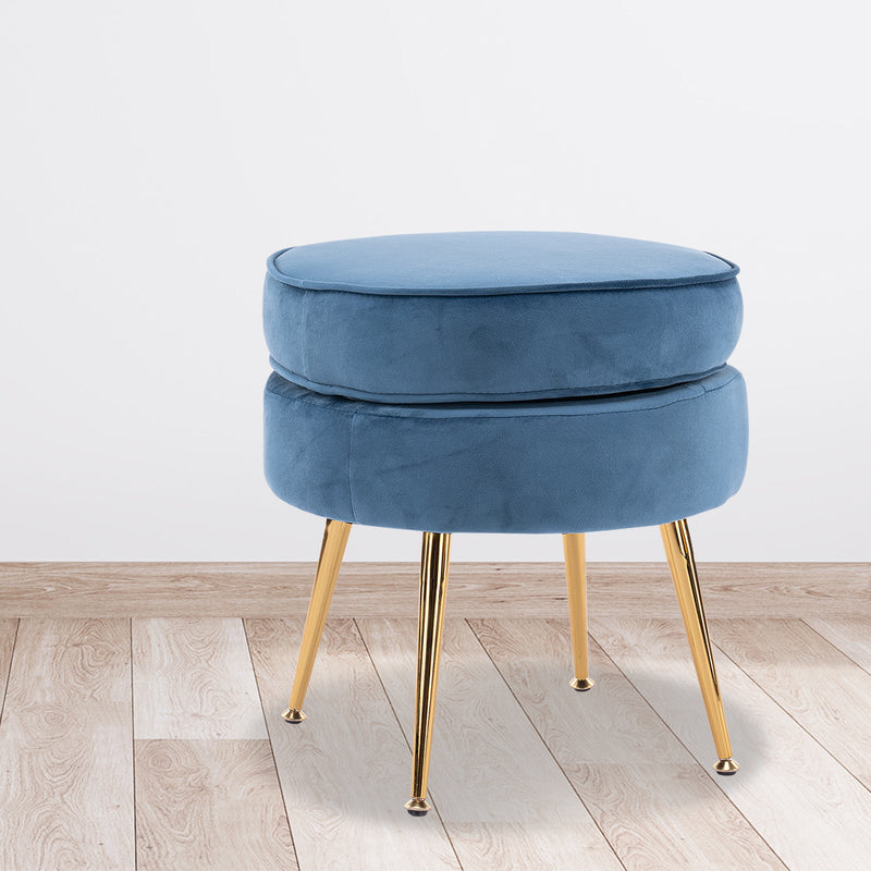 La Bella Navy Blue Round Ottoman Foot Stool Velvet Fabric Metal Leg Payday Deals