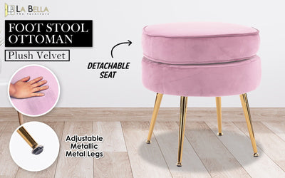 La Bella Pink Round Ottoman Foot Stool Velvet Fabric Metal Leg Payday Deals