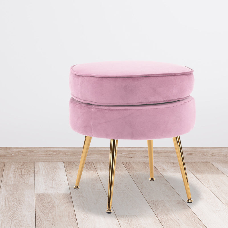 La Bella Pink Round Ottoman Foot Stool Velvet Fabric Metal Leg Payday Deals