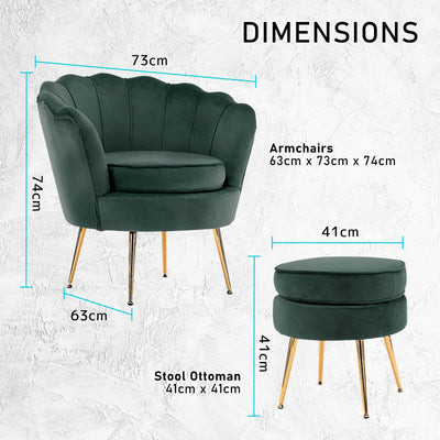 La Bella Shell Scallop Green Armchair Accent Chair Velvet + Round Ottoman Footstool Payday Deals