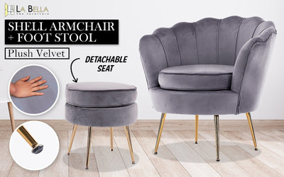 La Bella Shell Scallop Grey Armchair Accent Chair Velvet + Round Ottoman Footstool Payday Deals