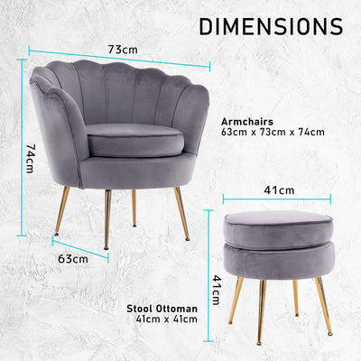 La Bella Shell Scallop Grey Armchair Accent Chair Velvet + Round Ottoman Footstool Payday Deals
