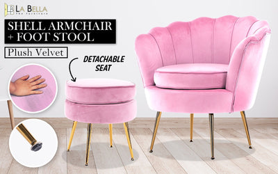 La Bella Shell Scallop Pink Armchair Accent Chair Velvet + Round Ottoman Footstool Payday Deals