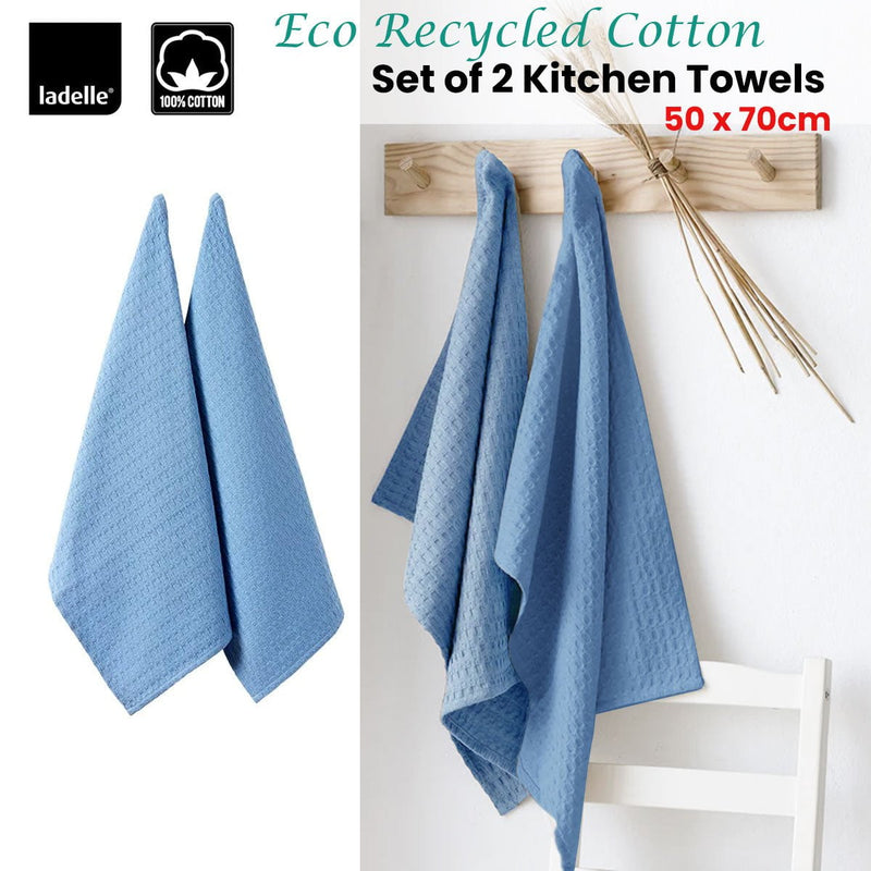 Ladelle Eco Recycled Cotton Set of 2 Cotton Kitchen Towels Blue 50 x 70 cm Payday Deals