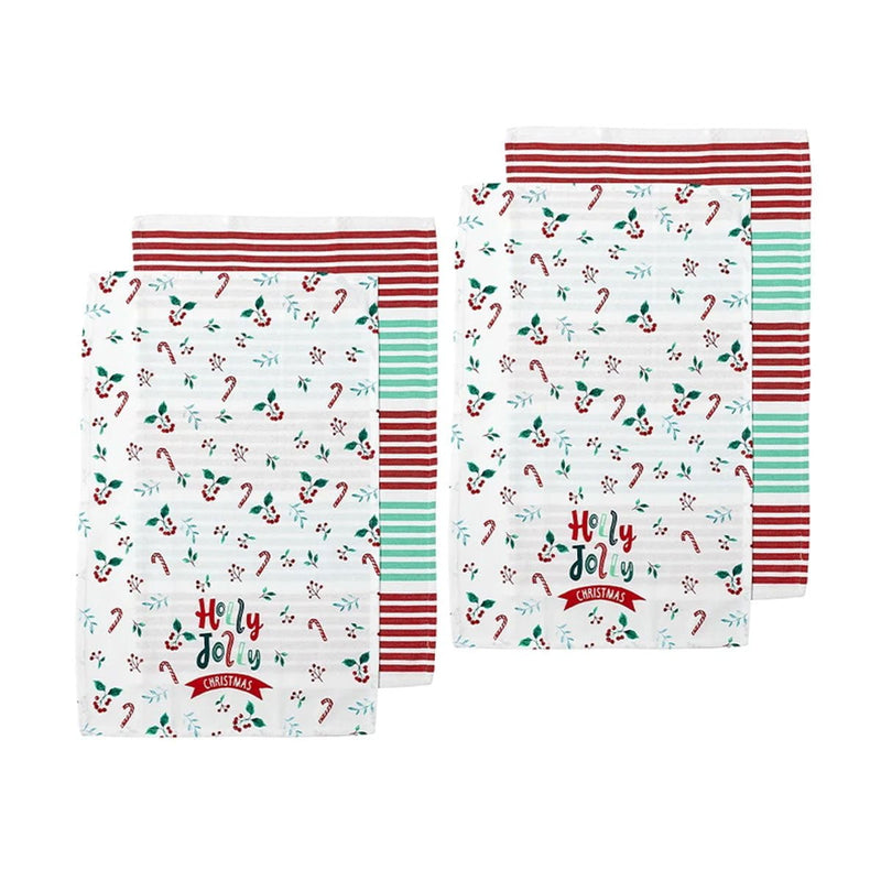 Ladelle Joyful Holly Jolly Christmas Set of 4 Cotton Kitchen Towels 45 x 70 cm Payday Deals