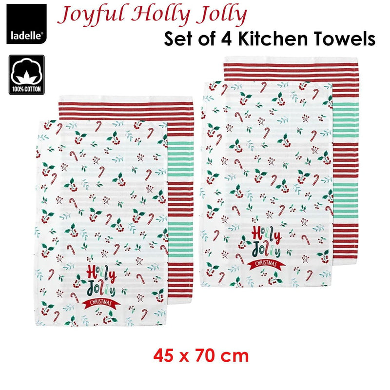 Ladelle Joyful Holly Jolly Christmas Set of 4 Cotton Kitchen Towels 45 x 70 cm Payday Deals