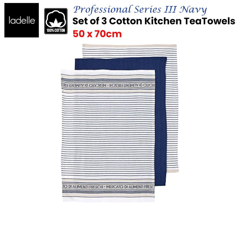 Ladelle Set of 3 Professional Series III Cotton Kitchen Tea Towels Navy 50 x 70 cm Payday Deals