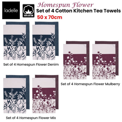 Ladelle Set of 4 Homespun Flower Cotton Kitchen Tea Towels 50 x 70 cm Mulberry Payday Deals