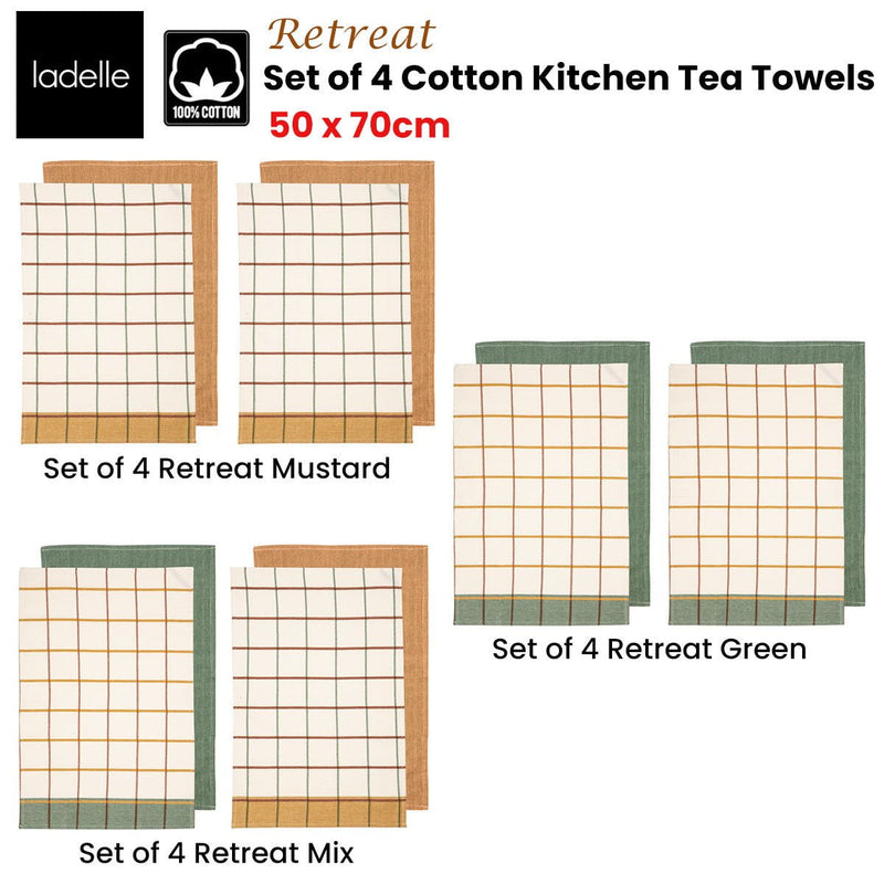 Ladelle Set of 4 Retreat Cotton Kitchen Tea Towels 50 x 70 cm Green Payday Deals