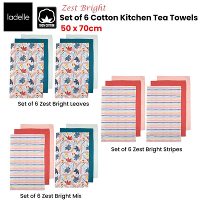 Ladelle Set of 6 Zest Bright Cotton Kitchen Tea Towels 50 x 70 cm Stripes Payday Deals