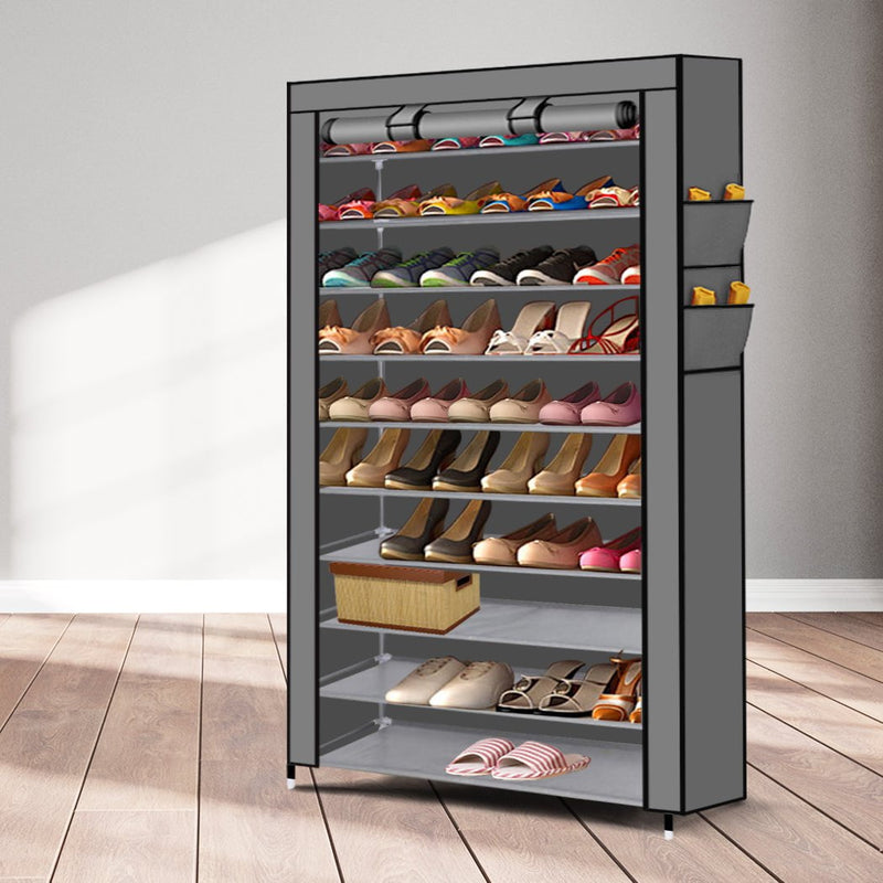 Levede 10 Tier Shoe Rack Portable Storage Cabinet Organiser Wardrobe Grey Cover Payday Deals