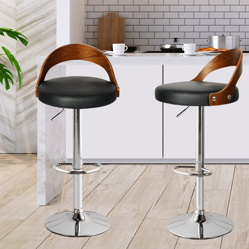 Levede 1x Kitchen Bar Stools Gas Lift Wooden Beech Stool Metal Barstools Black Payday Deals