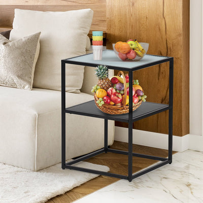 Levede 2-Tier Side Table Open Design Steel Home Shelf Safety Glass End Table Payday Deals