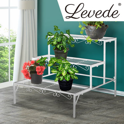 Levede 3 Tier Rectangle Metal Plant Stand Flower Pot Planter Corner Shelf White Payday Deals