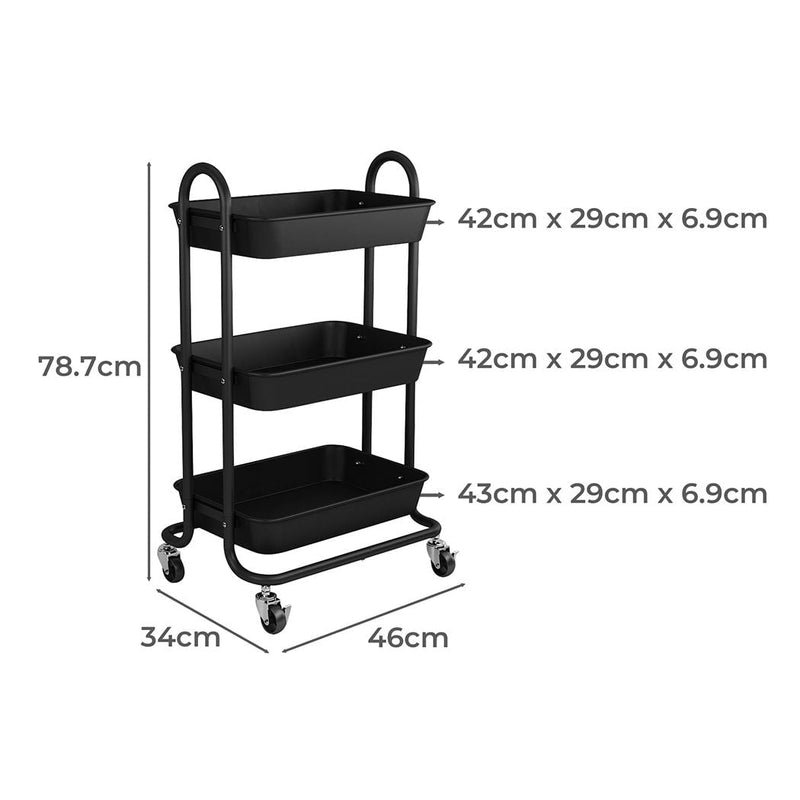 Levede 3 Tiers Kitchen Storage Trolley Cart Steel Rack Shelf Organiser Black Payday Deals