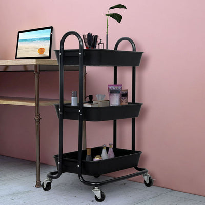 Levede 3 Tiers Kitchen Storage Trolley Cart Steel Rack Shelf Organiser Black Payday Deals