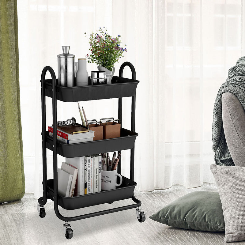 Levede 3 Tiers Kitchen Storage Trolley Cart Steel Rack Shelf Organiser Black Payday Deals