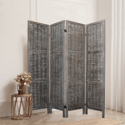 Levede 4 Panels Room Divider Screen Privacy Rattan Timber Fold Woven Grey Payday Deals