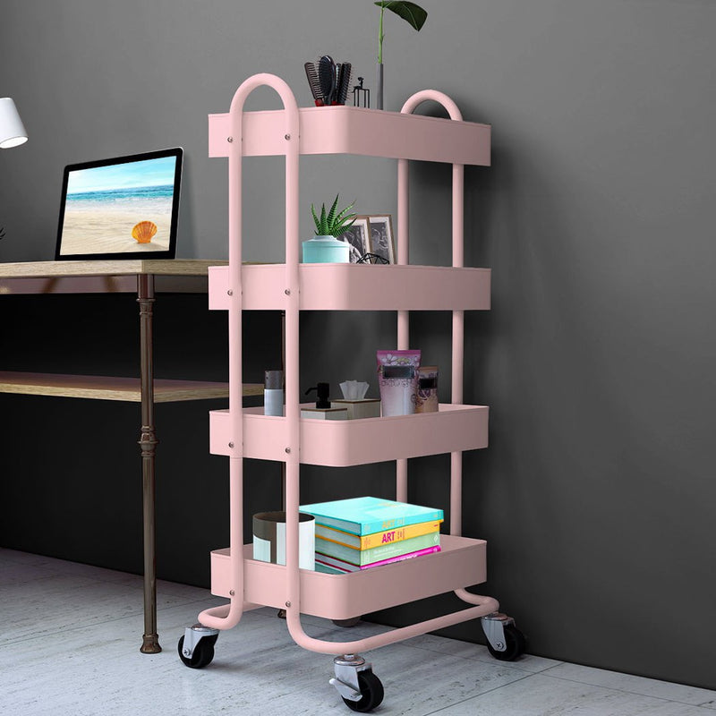 Levede 4 Tiers Kitchen Trolley Cart Steel Storage Rack Shelf Organiser Pink Payday Deals