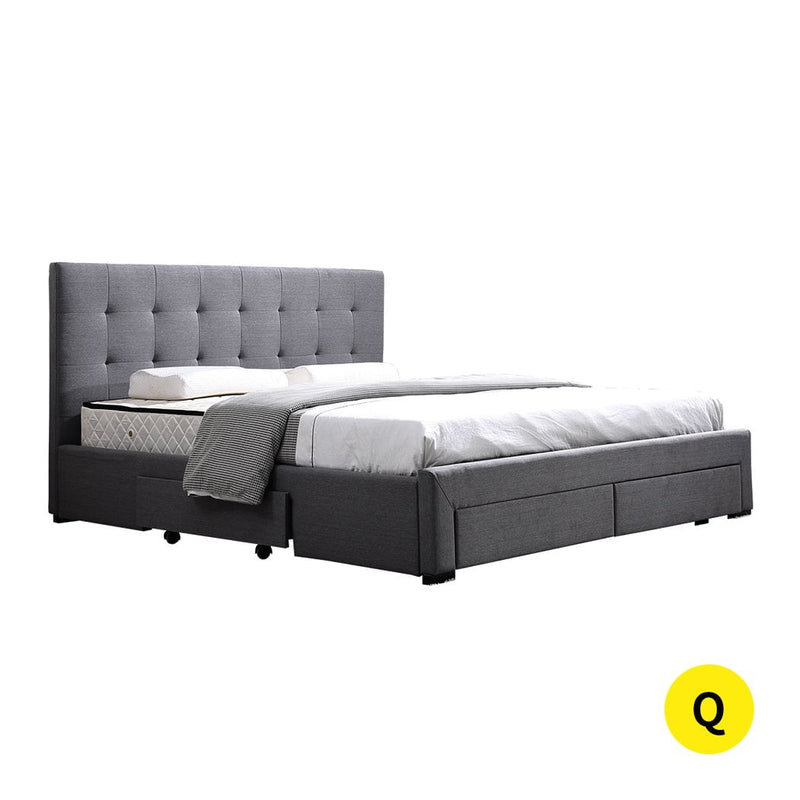 Levede Bed Frame Base With Storage Drawer Mattress Wooden Fabric Queen Dark Grey Payday Deals