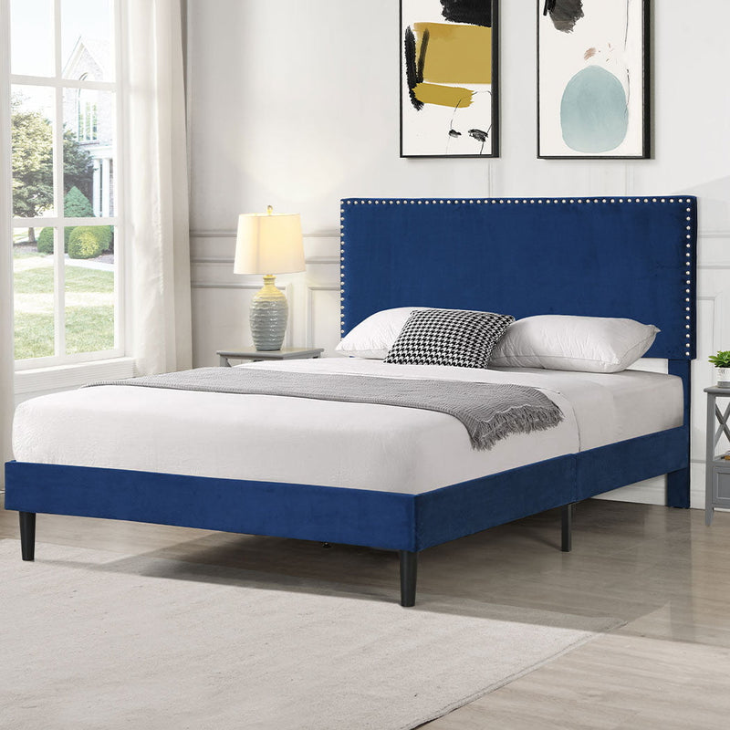 Levede Bed Frame Double Size Mattress Base Platform Wooden Velevt Headboard Blue Payday Deals
