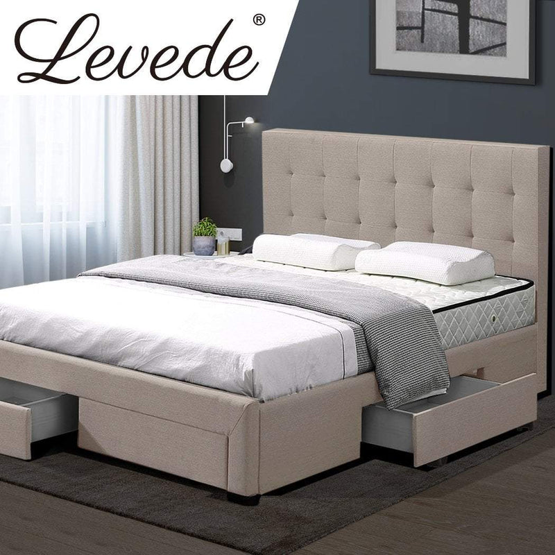 Levede Bed Frame King Fabric With Drawers Storage Beige Payday Deals